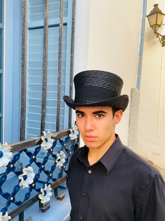 Black straw Top Hat, short top hat 