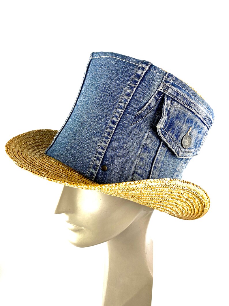 Denim top hat straw and denim Top Hat top hat made with Etsy