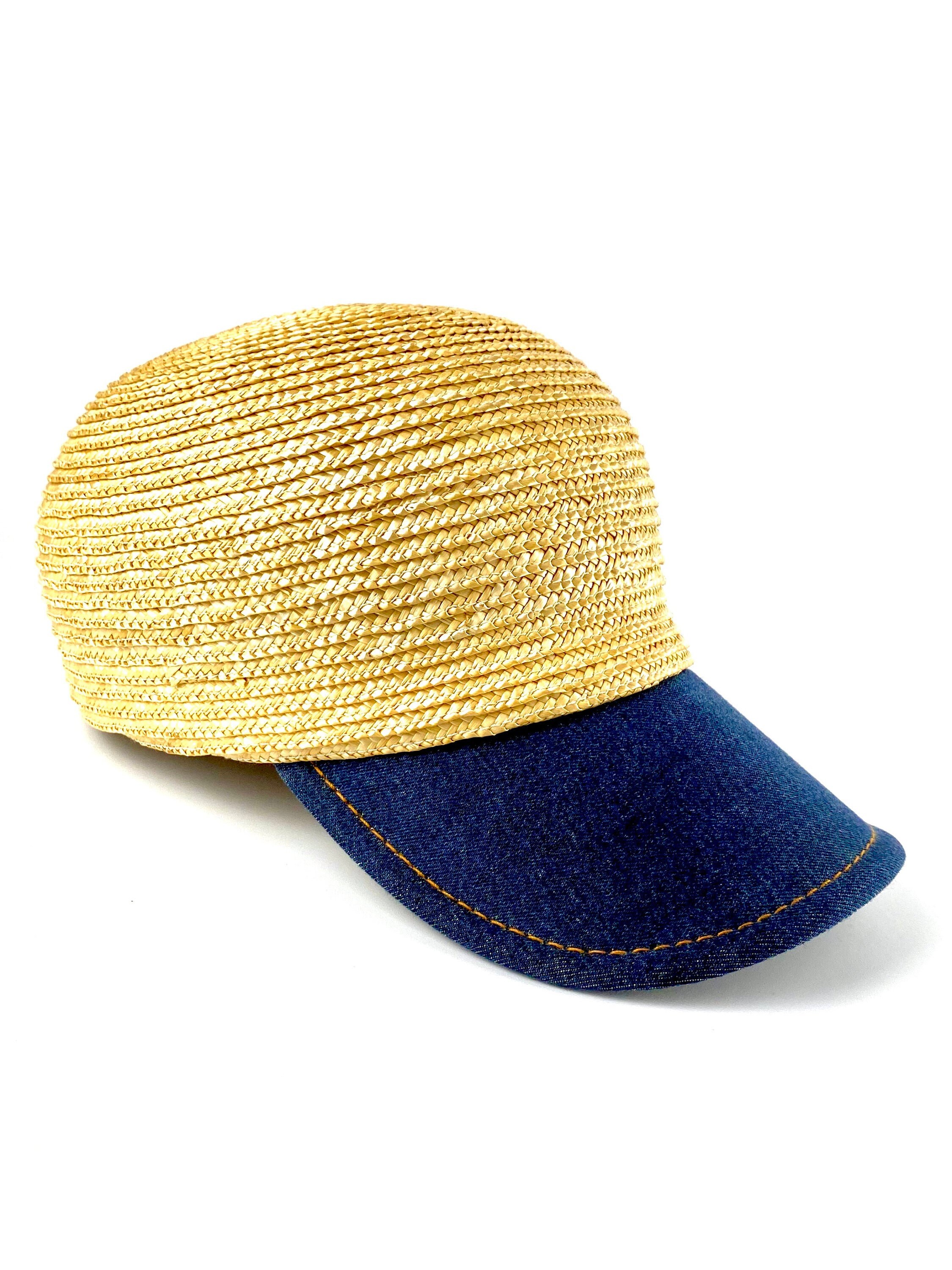 Straw Baseball Cap With Denim Visor 