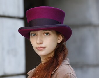 Purple Felt Hat - Low Top Magenta - Edwardian Style Headpiece