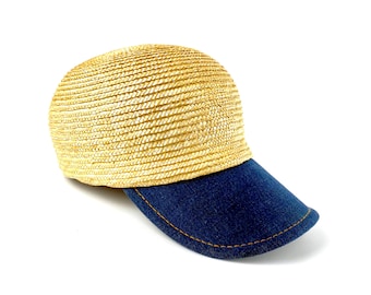 Straw Baseball Cap with Denim Visor - Breathable Summer Hat