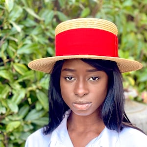 Straw hat boater, natural straw canotier hat, boater straw hat red ribbon, womens boater straw hat, gondolier straw hat, summer boater hat