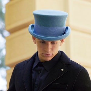 Sky Blue Wool Felt Top Hat - Low Crown Formal Hat image 6