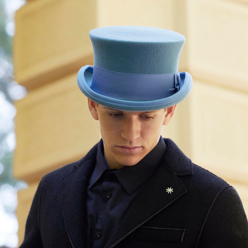 Sky Blue Wool Felt Top Hat - Low Crown Formal Hat image 6