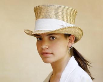 Low Straw Top Hat, wedding straw top hat, bridal straw top hat, bridesmaid straw hat, boho straw hat, women straw top hat, summer top hat