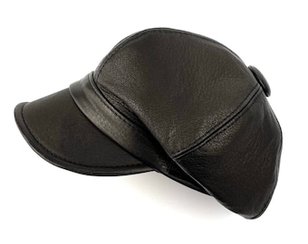 Black Leather Newsboy Cap – Handmade Baker Boy Hat