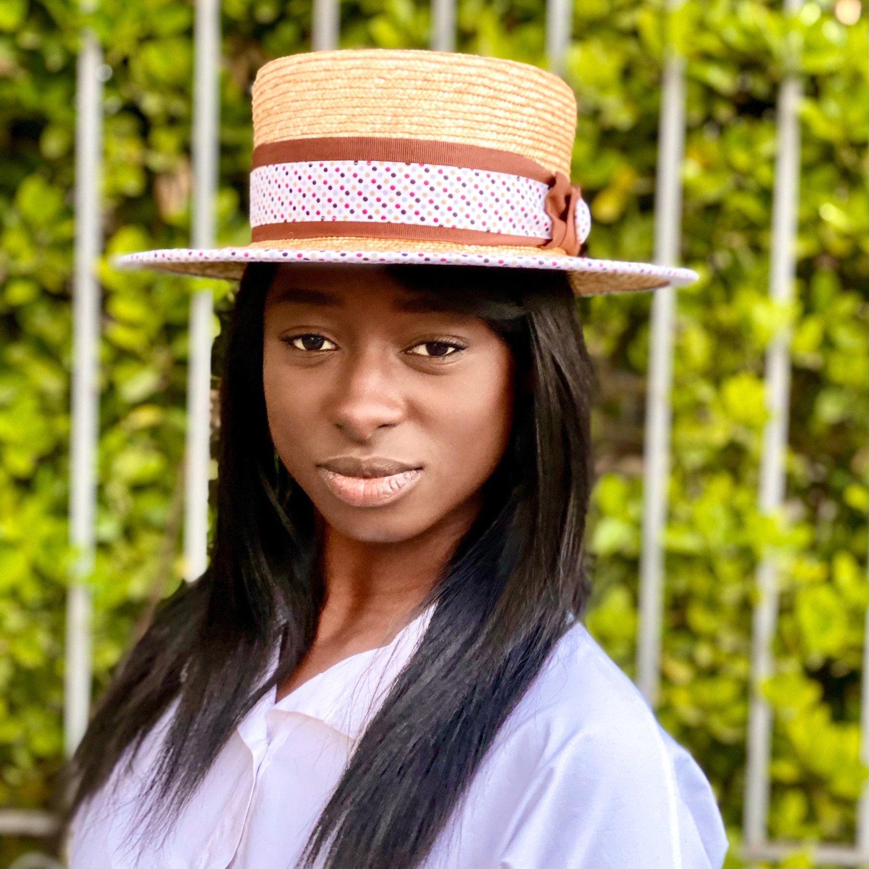Handmade Straw Boater Hat: Natural Braid With Polka Dot 
