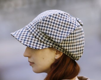 Wool Newsboy Cap: Houndstooth Cabbie Hat