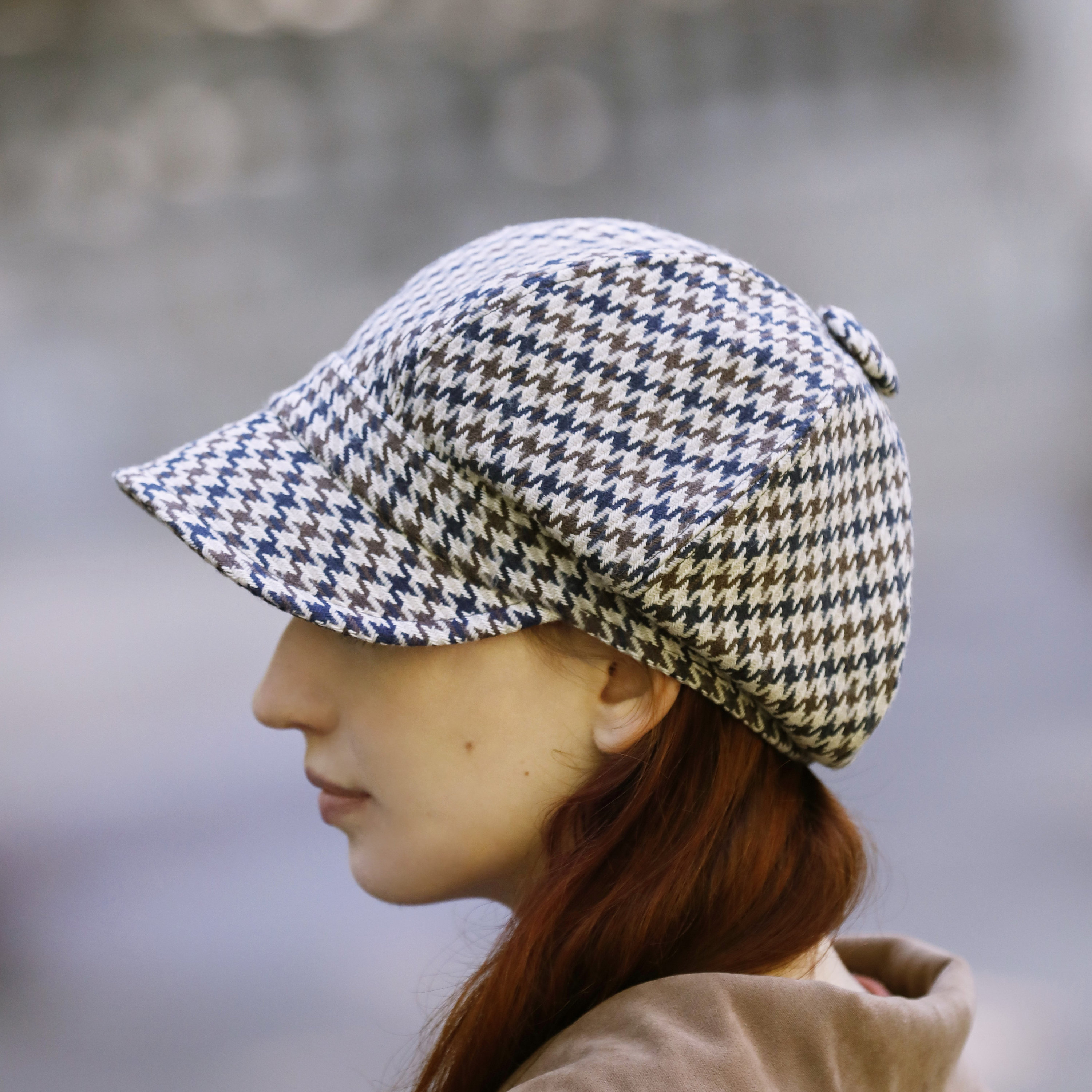 Upcycled Wool Black and Cream Houndstooth Slouchy Newsboy Cap Black-white Houndstooth Gavroche Hat,wool Newsboy Hat Man  main image 4