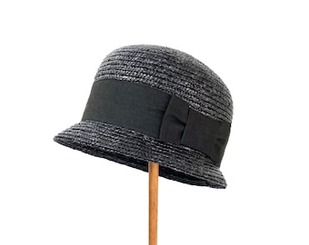 Black Straw Cloche Hat - Vintage 1920s Flapper Style