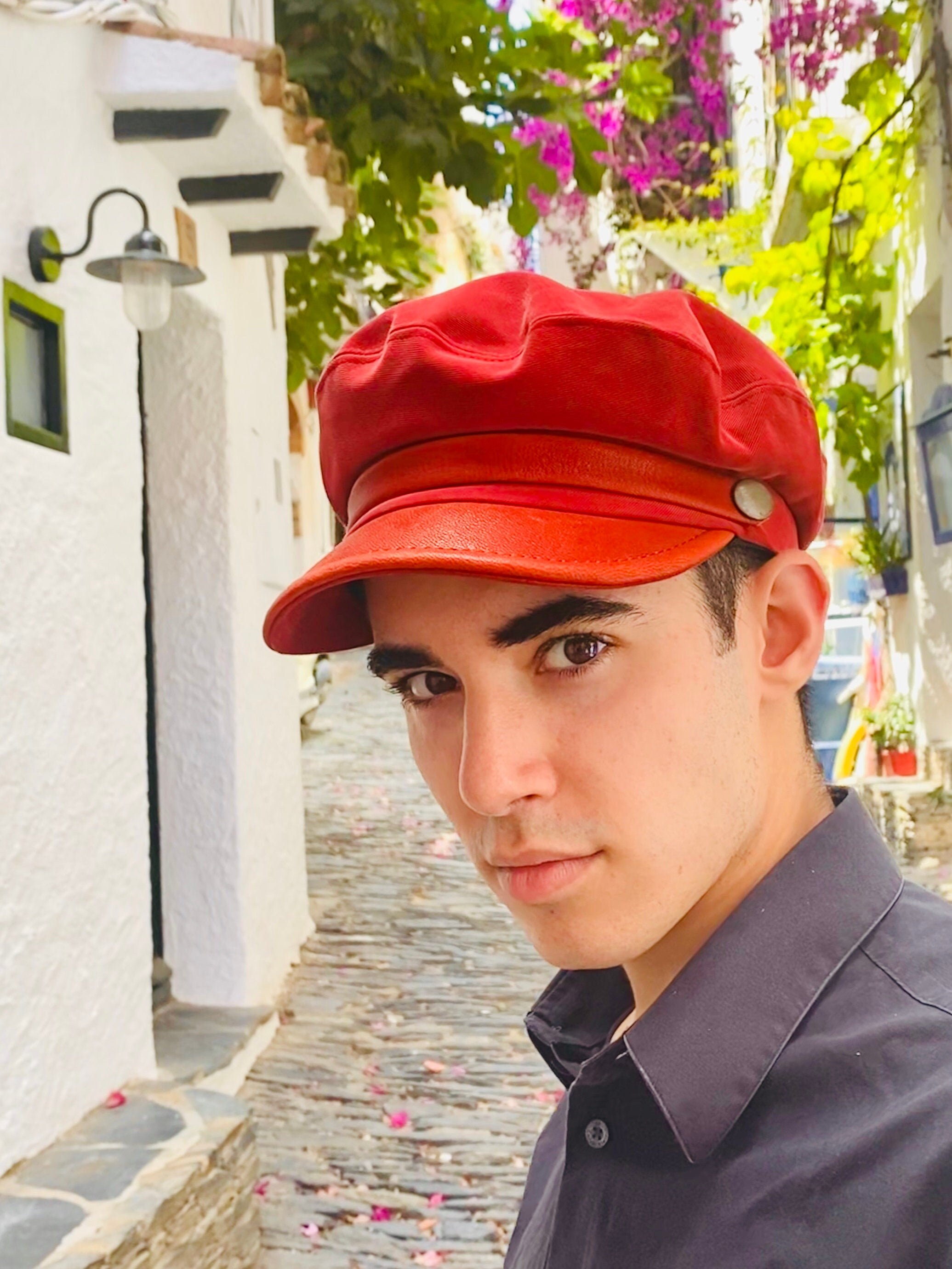 Garnet Red Twill Cotton Sailor Cap, Red Cotton Cap With Leather