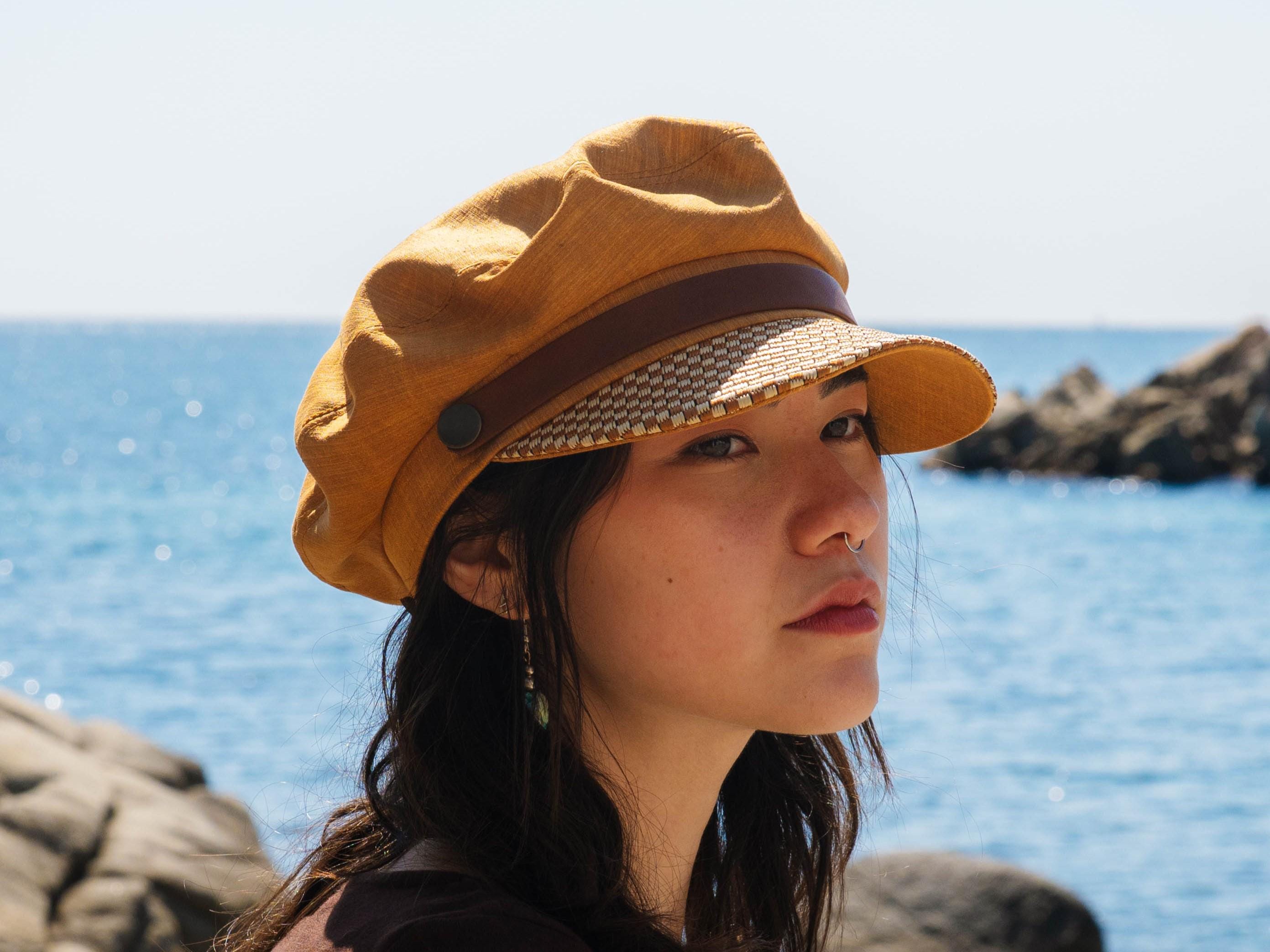 Nautical Sailor Hat in Gold Linen With Natural Raffia Check Visor