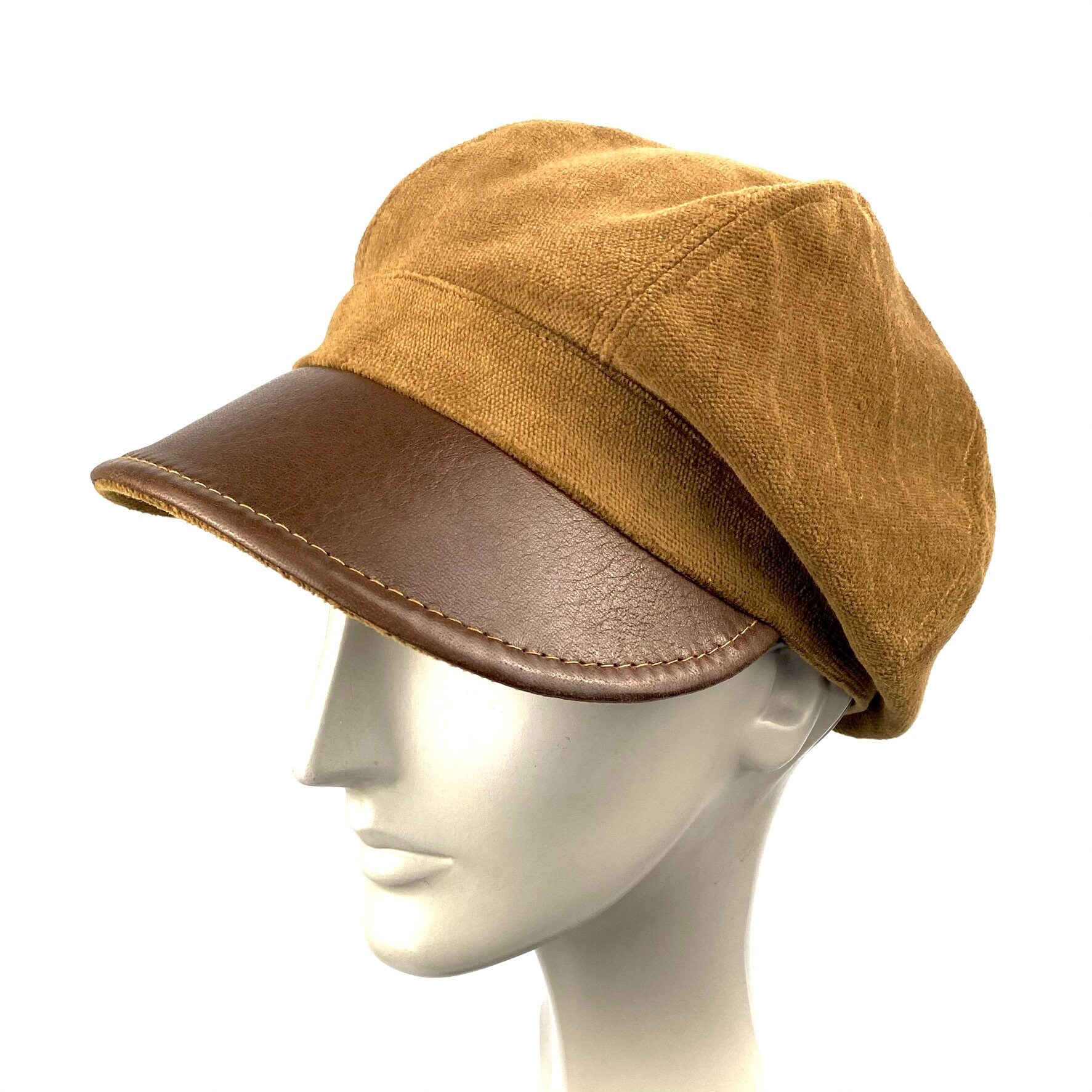 Peaky Baker Boy Cap, Brown Newsboy Cap, Herringbone Cap, Brown Velour Cap with Leather Visor, Brown Velour Hat, Women's Baker Boy Cap