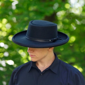 Dark Gray Merino Wool Felt Gambler Hat: Wide Brim Fedora