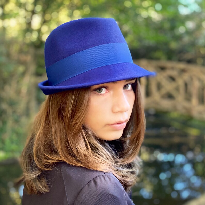 Blue Trilby Felt Hat Blue Fedora Felt Hat Short Brim Woman Etsy