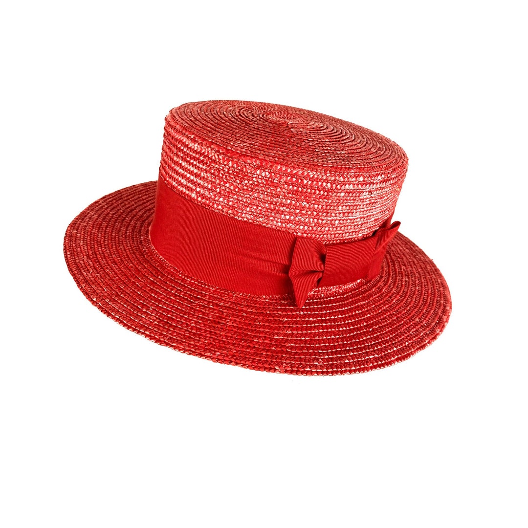 Red Boater Straw Hat - Vintage Canotier Hat 1920s 1940s  display picture 3