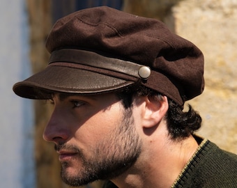 Brown Sailor Cap with Aged Leather Visor – Nautical Men's Hat