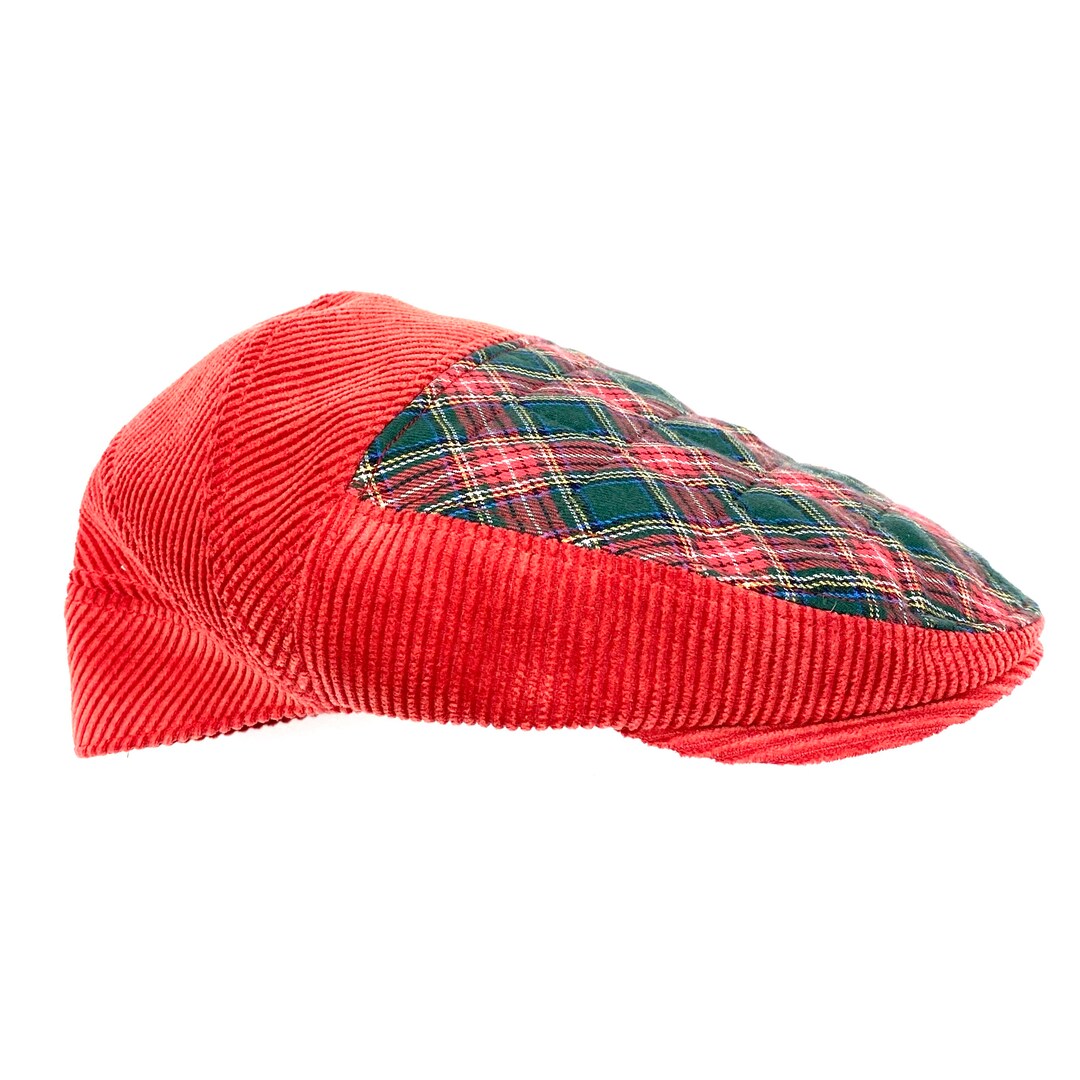 Men's Red Cap, Red Flat Cap, Red Corderoy Cap, Scottish Plaid Cap, Red