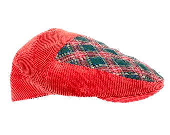 Men's red cap, red flat cap, red corderoy cap, scottish plaid cap, red flat cap, man red winter cap, red plaid cap, red corderoy hat