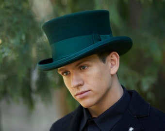 Green Top Hat, BOTTLE green top hat, formal low top hat, shorter top hat, green felt low top hat, short brim top hat, short topper hat