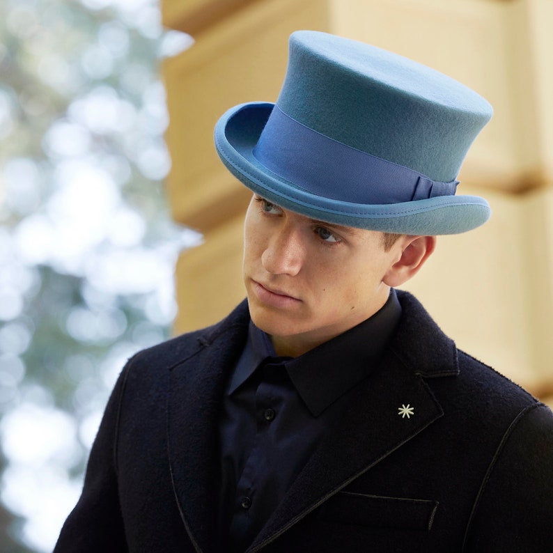 Sky Blue Wool Felt Top Hat - Low Crown Formal Hat image 4