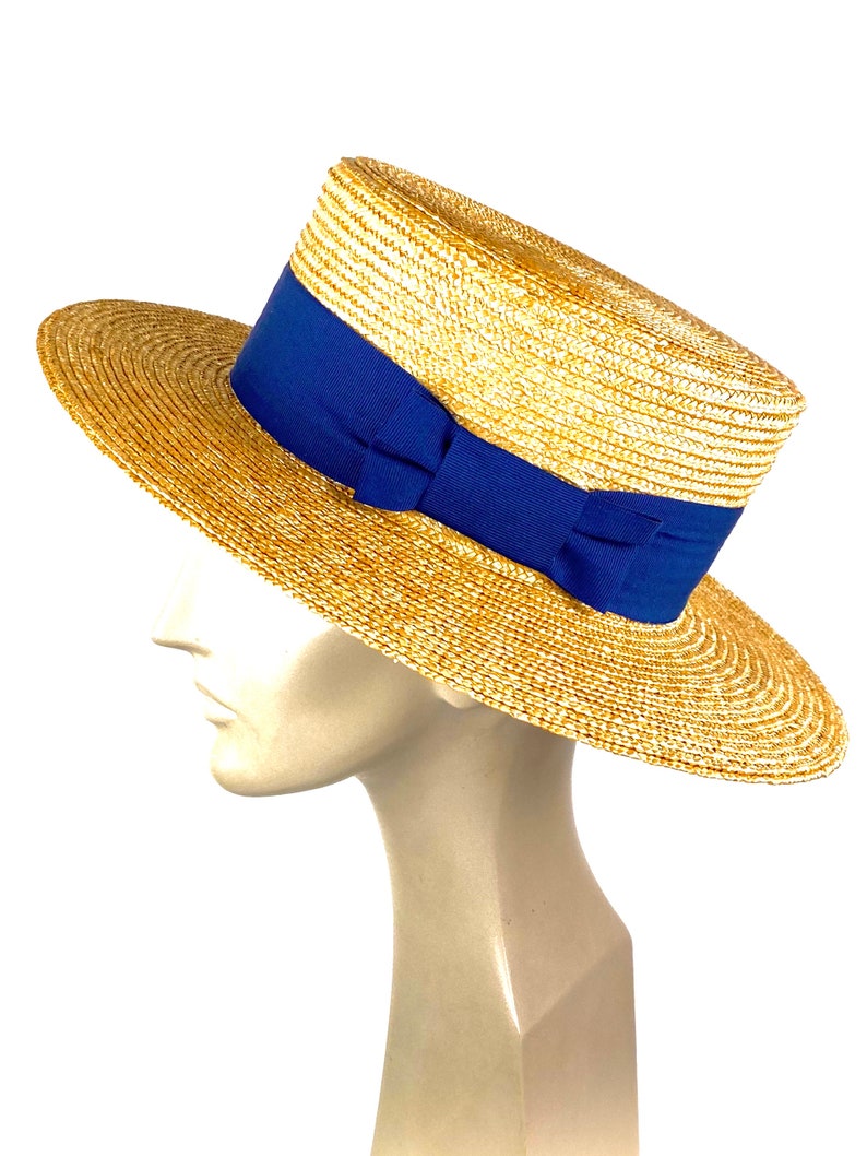 Natural Straw Boater Hat With Blue Ribbon Elegant Straw Etsy