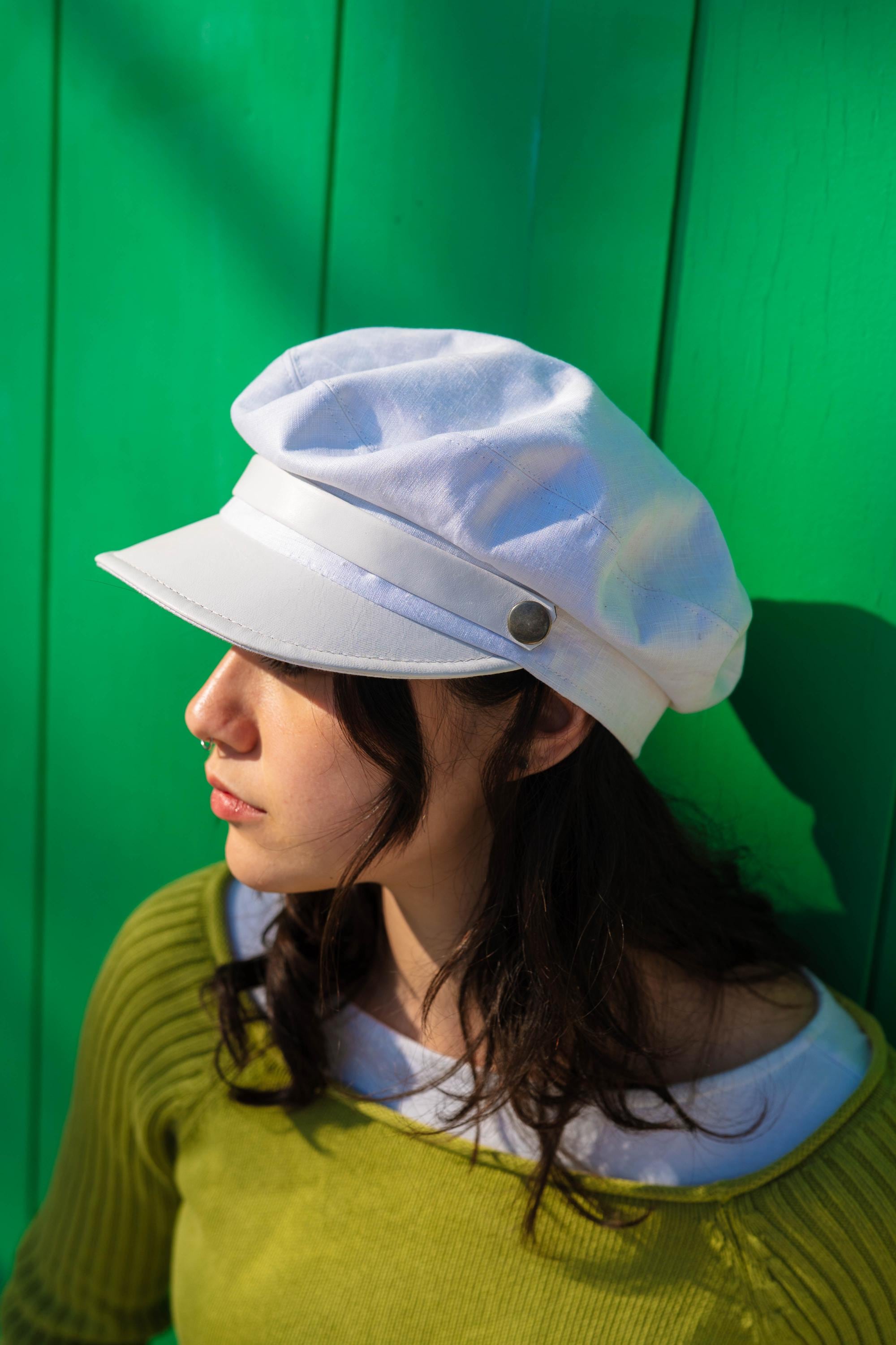White Linen Sailor Cap With Leather Visor - Chic Handmade Nautical