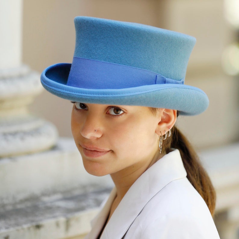 Sky Blue Wool Felt Top Hat - Low Crown Formal Hat image 1