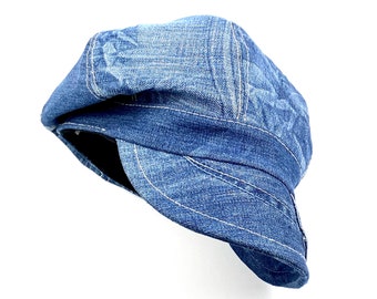 Newsboy denim hat, recycled denim cap, recycled denim hat, recycled jeans cap, newsboy blue denim cap, recycled denim