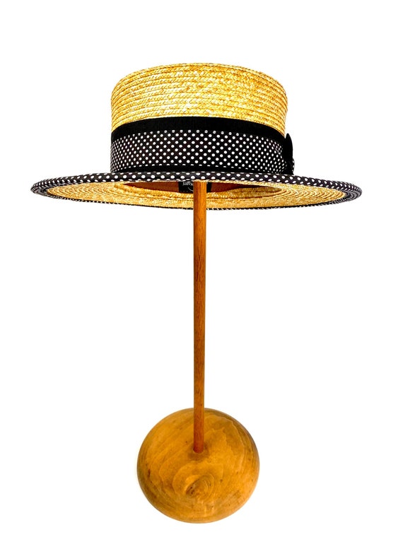 Canotier Straw Hat, Boater Straw, Natural Straw Gondolier Hat with Black and White Polka Dot Ribbon, Summer Straw Boater Hat, Boater Hat