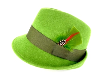 Vintage-Inspired Green Fedora Hat with Small Brim - Handcrafted Felt Women's Hat
