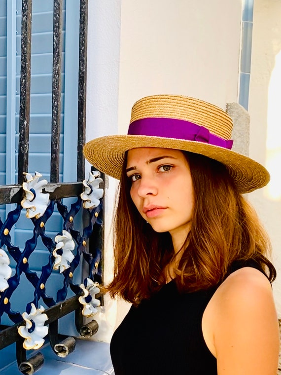 Natural Straw Boater Purple Ribbon, Gondolier Straw Summer Hat, Twenties Style Boater Straw Purple Ribbon Hat, Hand Made Straw Summer Hat