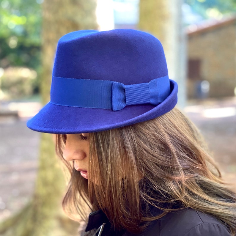 Blue Trilby Felt Hat Blue Fedora Felt Hat Short Brim Woman Etsy