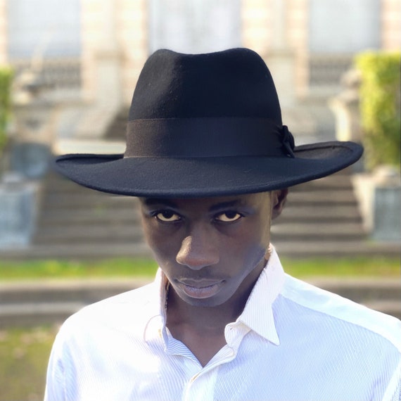 Man Fedora Hat, Large Brim Men Fedora Hat, Black Felt Fedora Hat