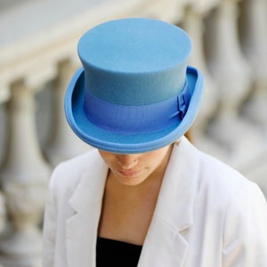 Sky Blue Wool Felt Top Hat - Low Crown Formal Hat image 3