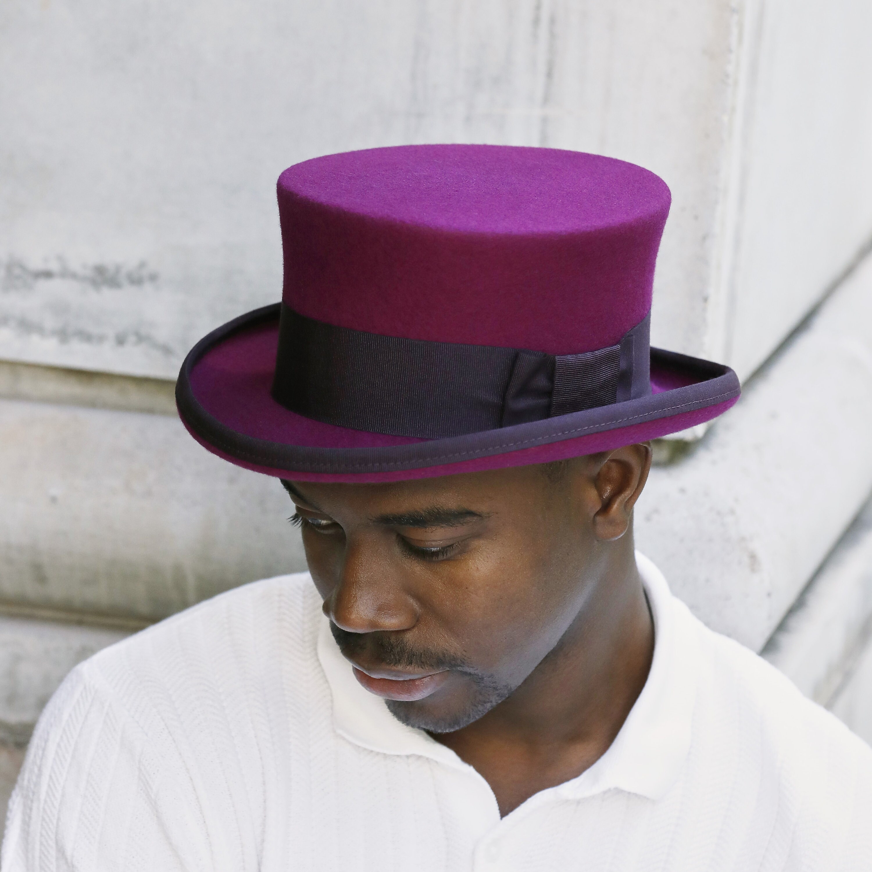 Edwardian Hat in Purple Felt Victorian Low Top Hat for Men Handmade Steampunk Style Headpiece