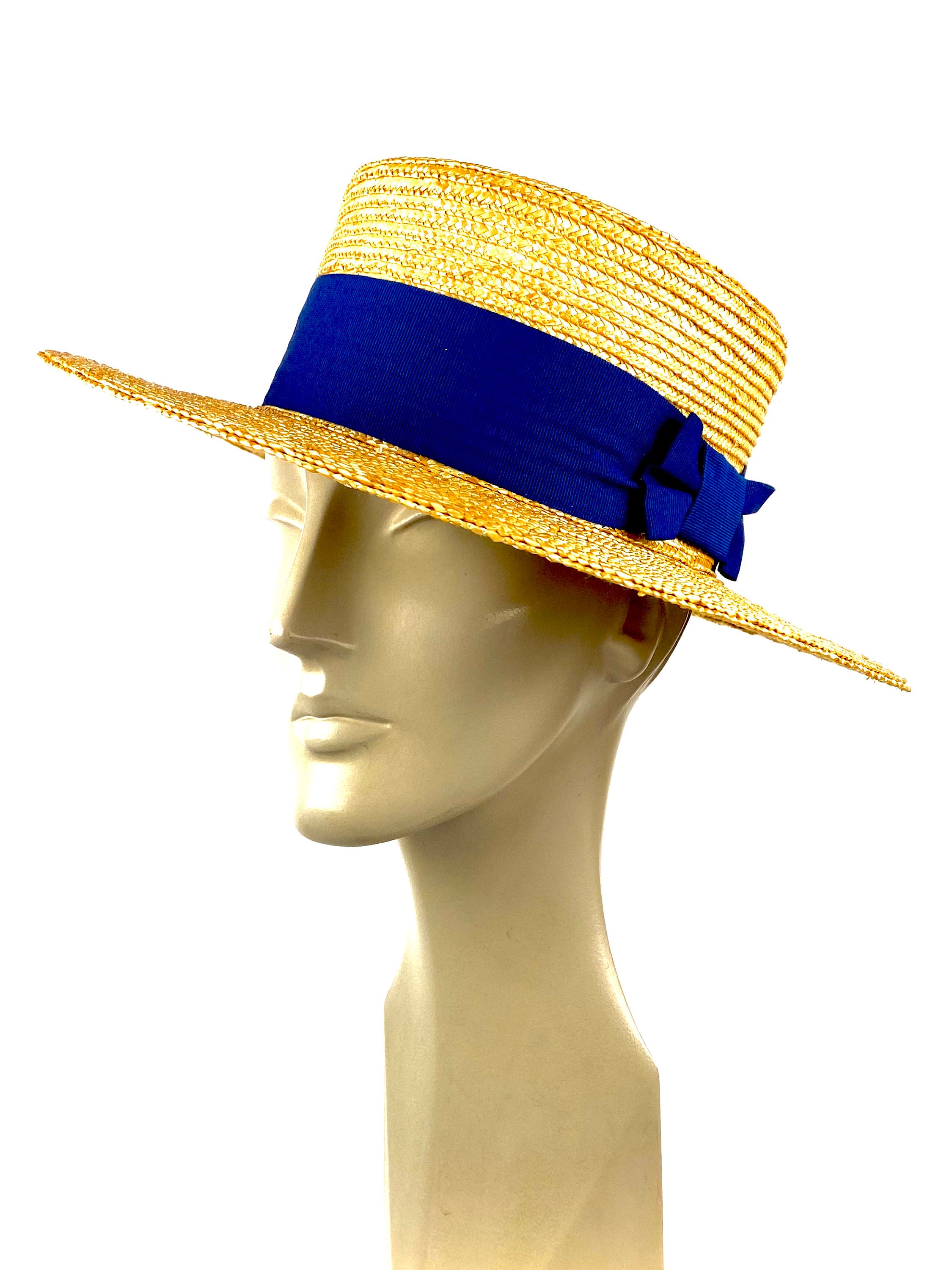 Natural Straw Boater Hat With Blue Ribbon Elegant Straw Etsy