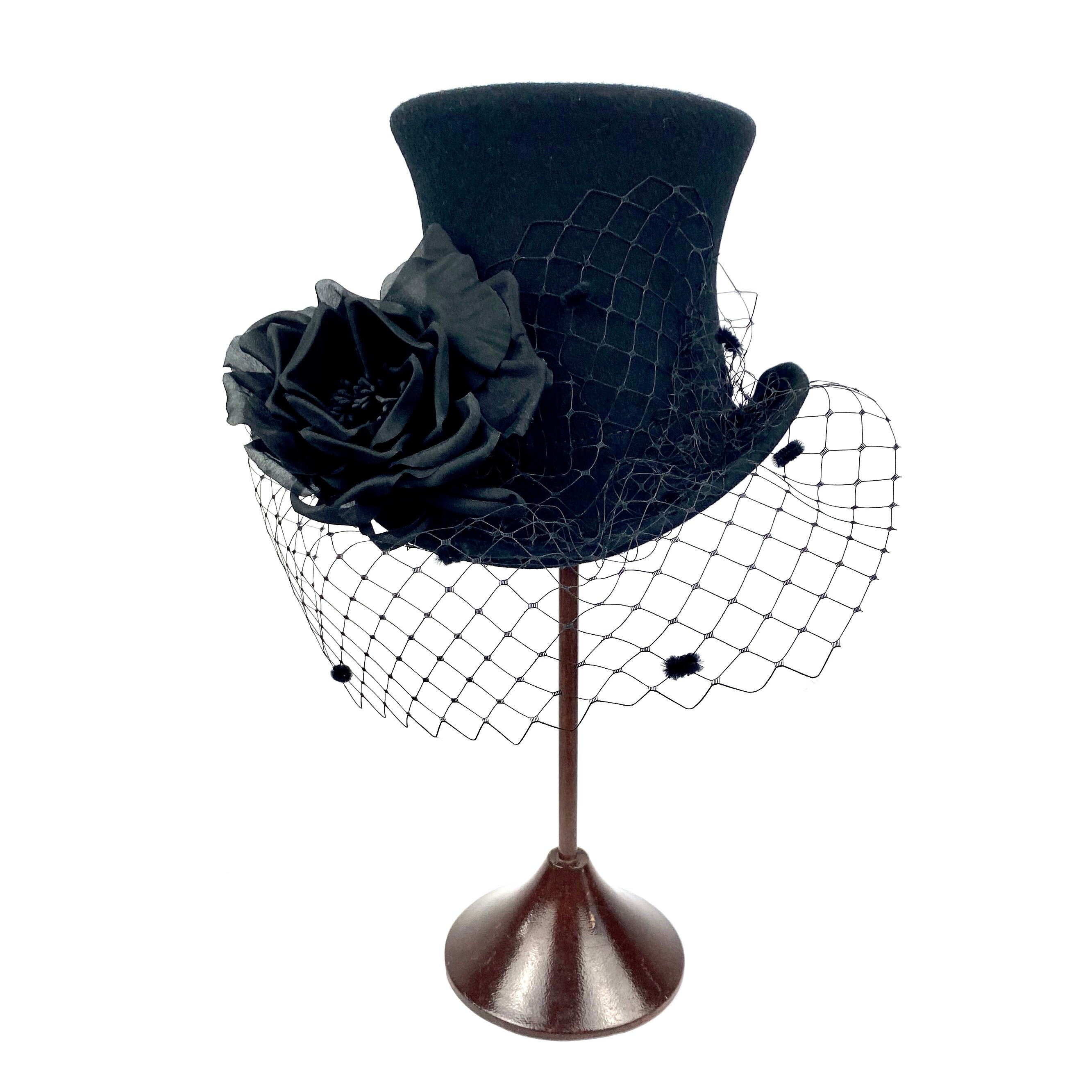 Mini Cappello A Cilindro Con Fermaglio Per Capelli – Fascinator Con Fiori E Piume, Stile Burlesque Punk, Nero - 5