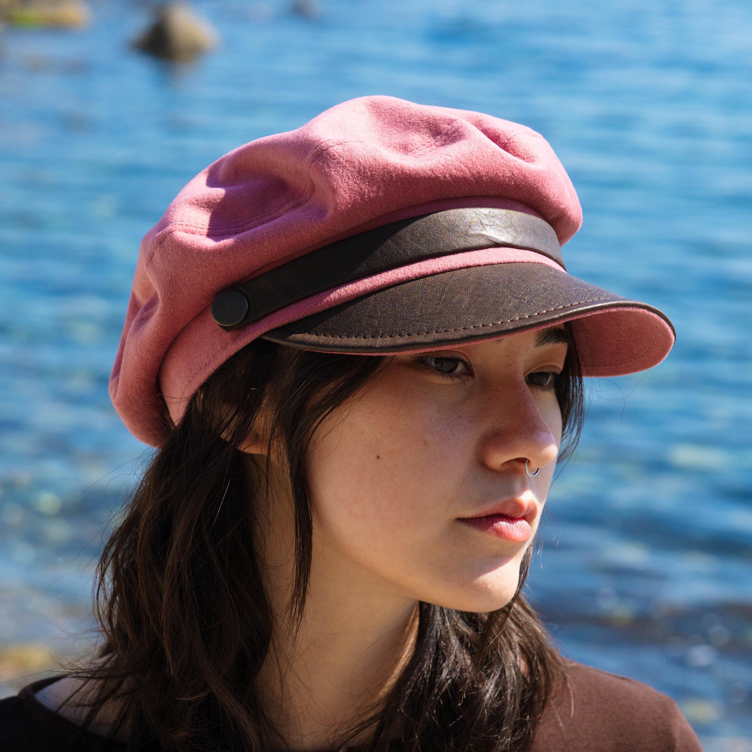 Sailor Cap Dusty Rose with Brown Leather Visor - Women's Greek Fisherman Hat Vintage