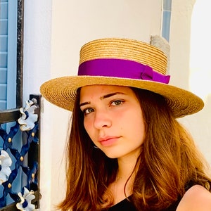 Natural straw boater purple ribbon, gondolier straw summer hat, twenties style boater straw purple ribbon hat, hand made straw summer hat