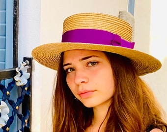 Natural straw boater purple ribbon, gondolier straw summer hat, twenties style boater straw purple ribbon hat, hand made straw summer hat