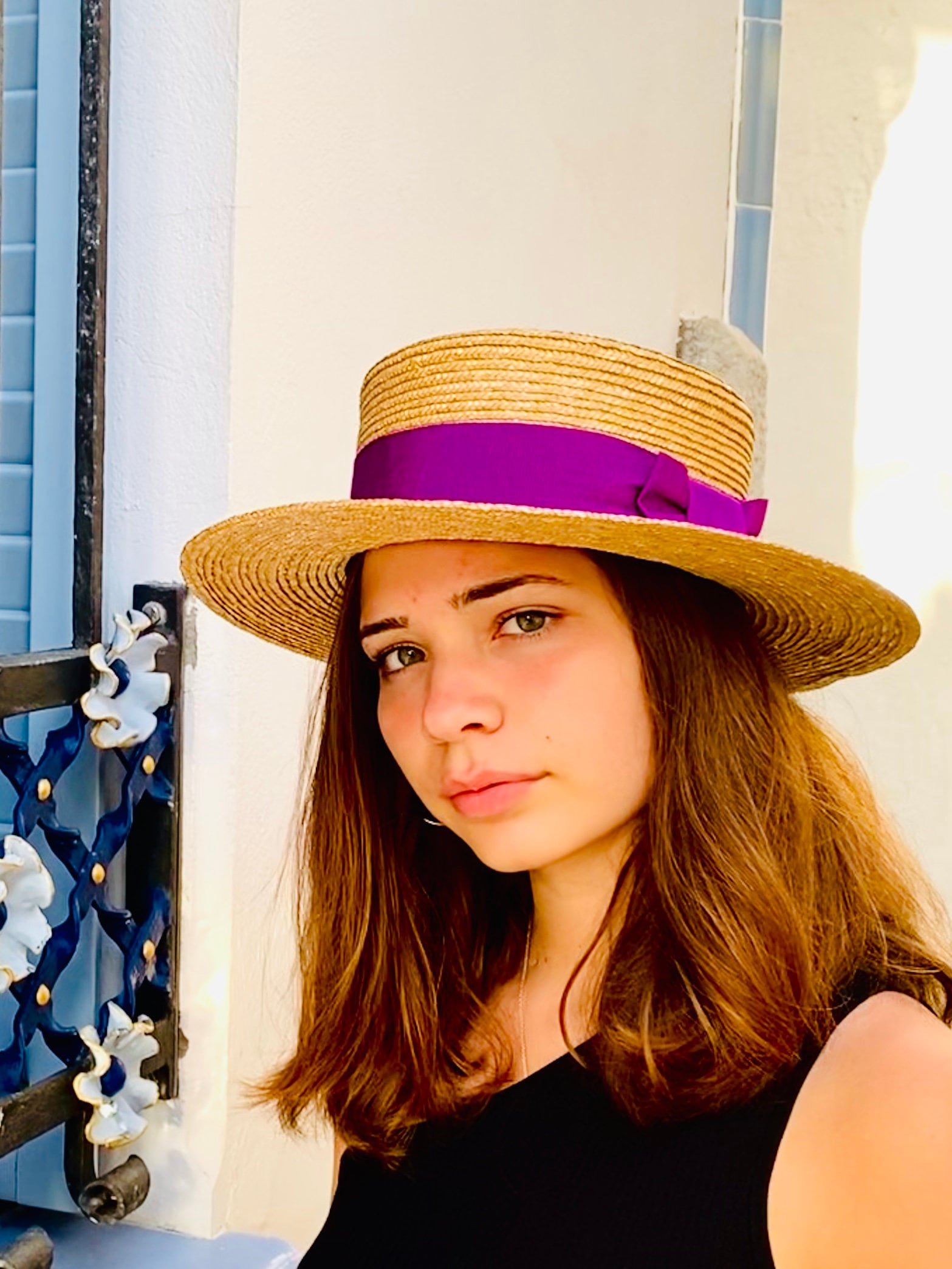 Natural Straw Boater Purple Ribbon 