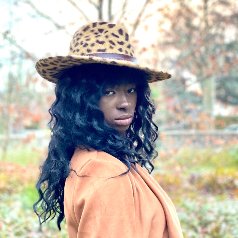 Leopard fedora hat wide brim, leopard fur felt melousine fedora hat, cheetah animal print fedora hat, wide brim fedora hat, cowboy felt hat image 3