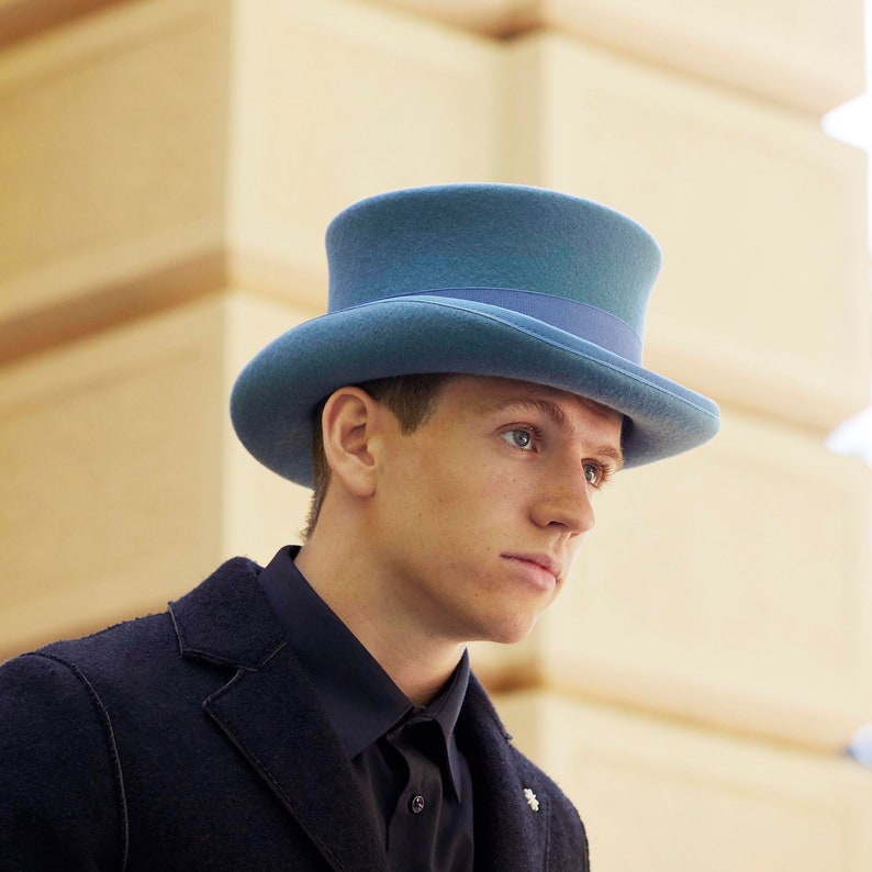 Sky Blue Wool Felt Top Hat - Low Crown Formal Hat image 5