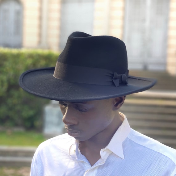 Man Fedora Hat, Large Brim Men Fedora Hat, Black Felt Fedora Hat