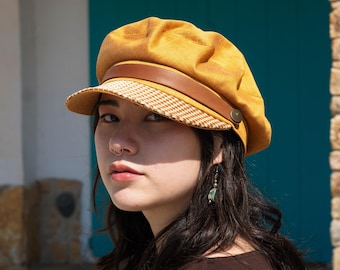 Nautical Sailor Hat in Gold Linen With Natural Raffia Check Visor
