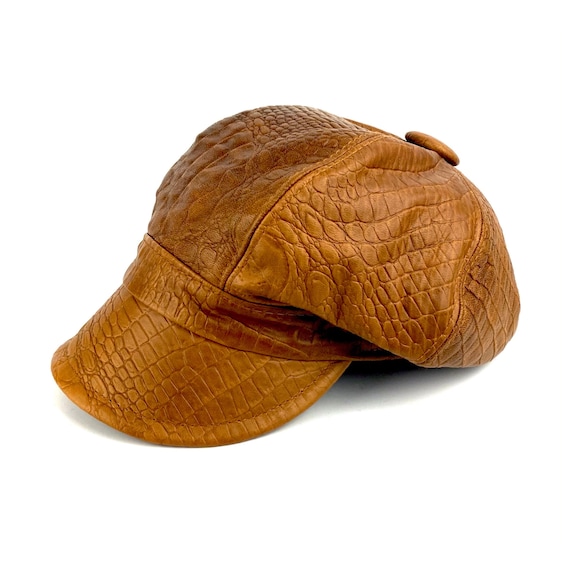 Newsboy leather cap, brown leather crocodile cap, crocodrile leather hat, baker boy leather hat, crocodile leather cap, brown leather hat
