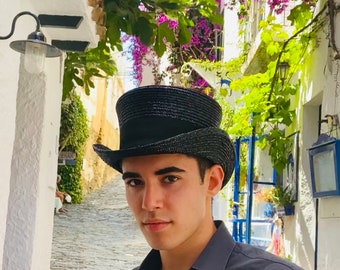 Black Straw Low Top Hat - Short Crown Tophat - Summer Victorian