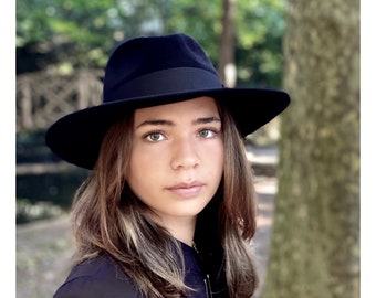 Black Fedora Hat - Wide Brim Fur Felt - Timeless Boho Fashion Style