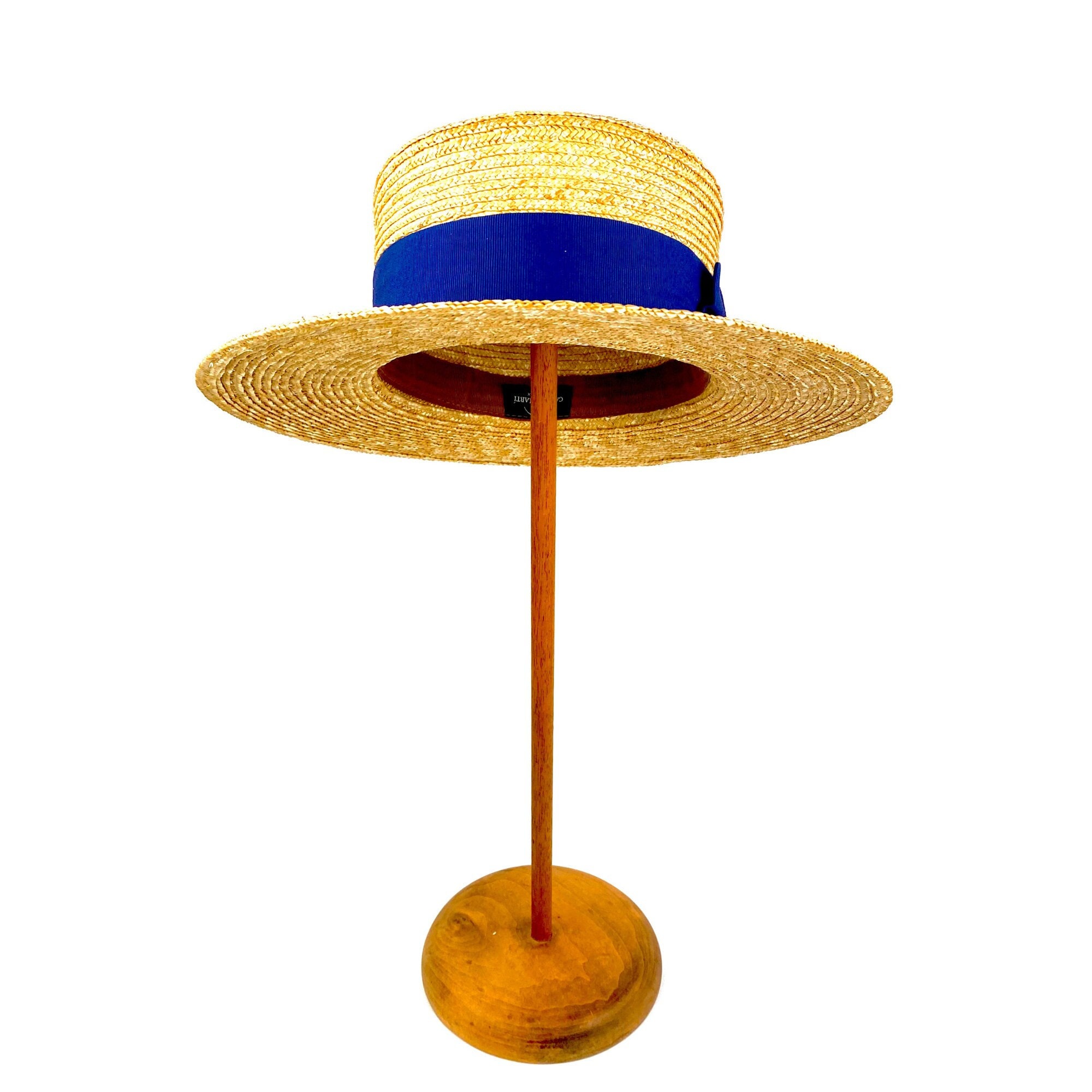 Natural straw boater hat with blue ribbon, elegant straw summer boater hat, twenties style boater straw hat, hand made straw summer hat